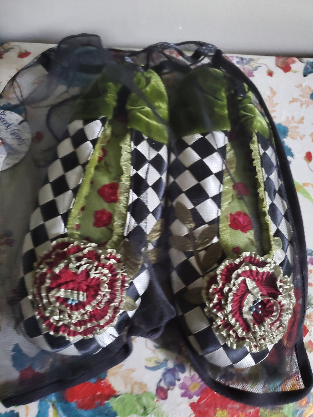 Checkered Black & White Slip-On Flats with Green and Red Floral Detail